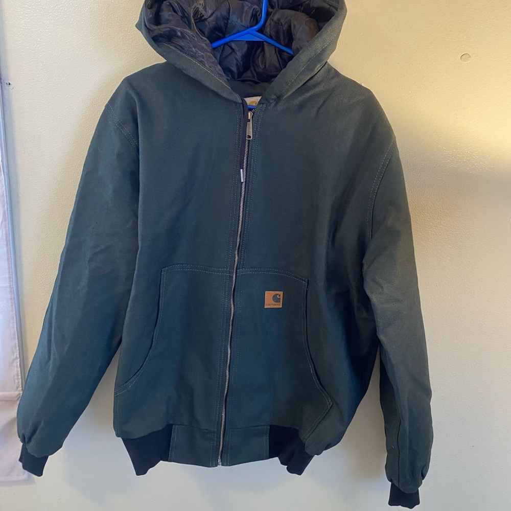 Carhartt Olive Green Quilted-Lined Hooded Jacket with Gold Zipper
